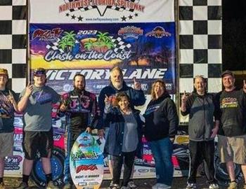 Austen Becerra was lights out in winning the opening night Clash on the Coast feature for Friesen Performance IMCA Modifieds Monday at Northwest Florida Speedway. (Photo by Byron Fichter)