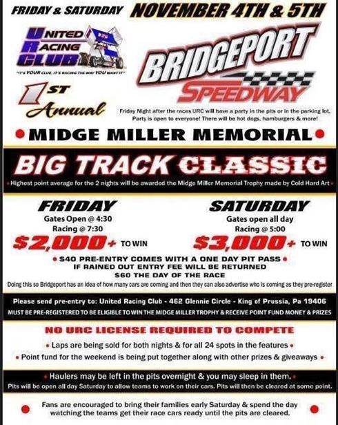 Information for this weekends Big Track Classic at Bridgeport Speedway