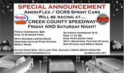 Creek County Speedway hosting OCRS tonight and Saturday, 81 Speedway on Sunday