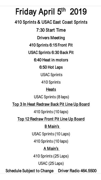 WILLIAMS GROVE APRIL 5TH USAC-EC OPENER ORDER OF EVENTS