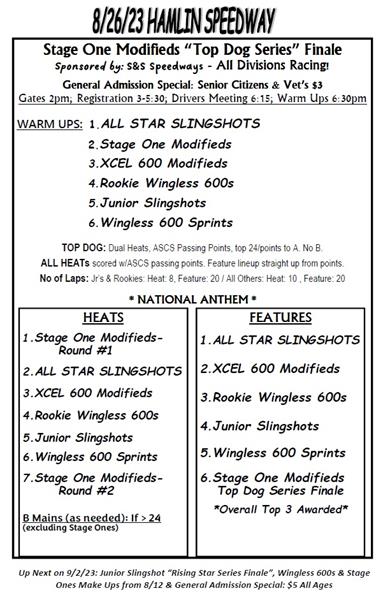 8/26/23 Stage One Modifieds "Top Dog Series" Finale, All Divisions Racing