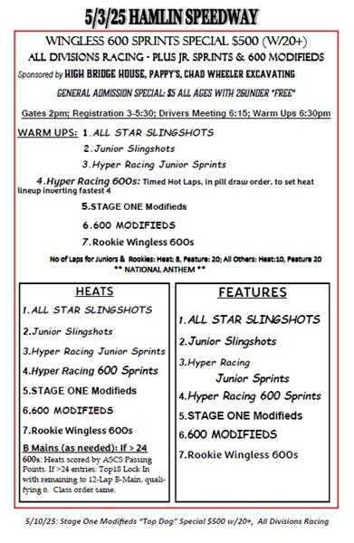 5/3/25 WINGLESS 600 Sprint Special $500 to Win! General Adm $5