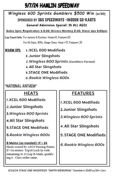 9/7/24 Wingless 600 Sprints Gamblers $500/All General Admission $5