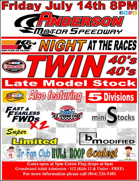 NEXT EVENT: July 14th 8pm K & N Night At The Races. Late Model Stocks Twin 40's w/ 5 divisions
