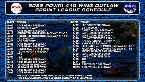 Inaugural POWRi 410 Wing Outlaw Sprint League 2022 Schedule