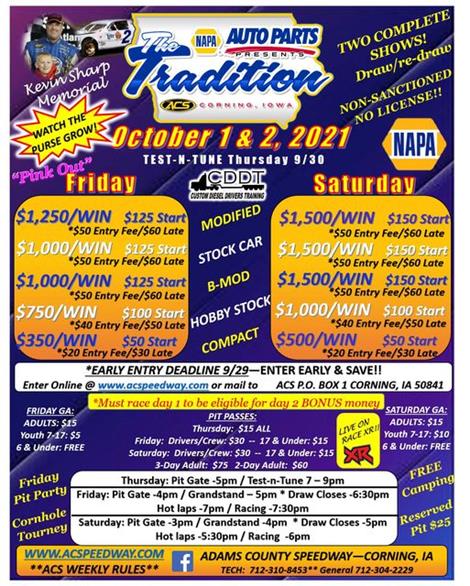 The NAPA Auto Parts "TRADITION" Returns to the Adams County Speedway Oct. 1st & 2nd!