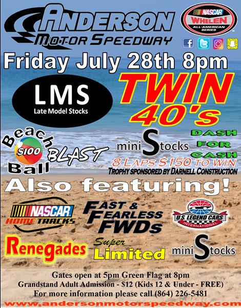 NEXT EVENT: Friday July 28th 8pm. NWAAS Late Model Stocks TWIN 40's plus 5 divisions.
