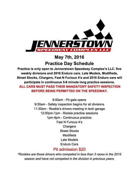 Practice Day Schedule - May 7th, 2016