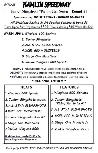 5/13/23- Junior Slingshot Rising Star Series, All Divisions, GA Special-Senior Citizens & Veterans $3.00