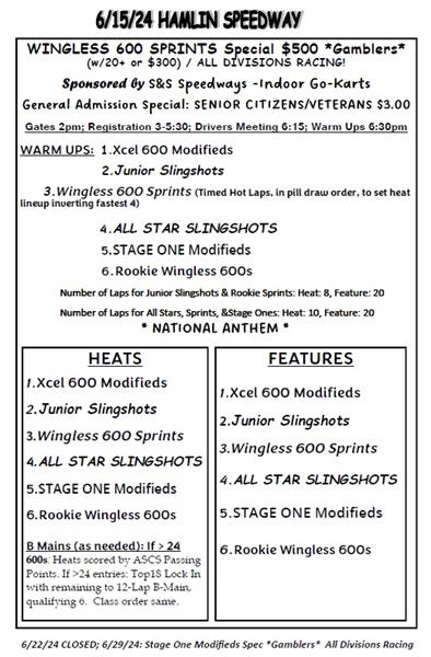 6/15/24 Hamlin Speedway Wingless 600 GAMBLERS $500, GA Seniors $3