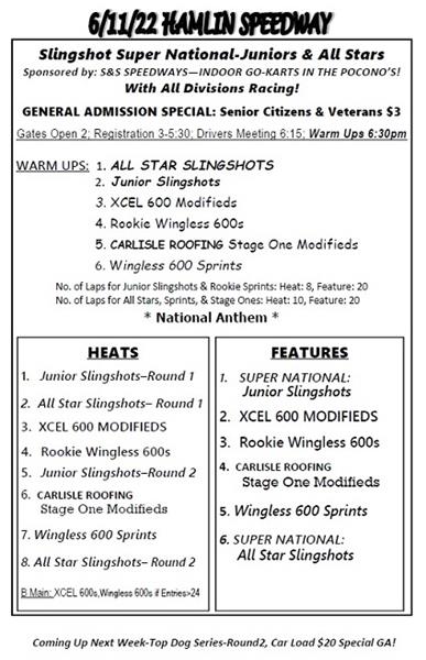 6/11/22 Schedule of Events - Super Nationals, All Divisions Racing