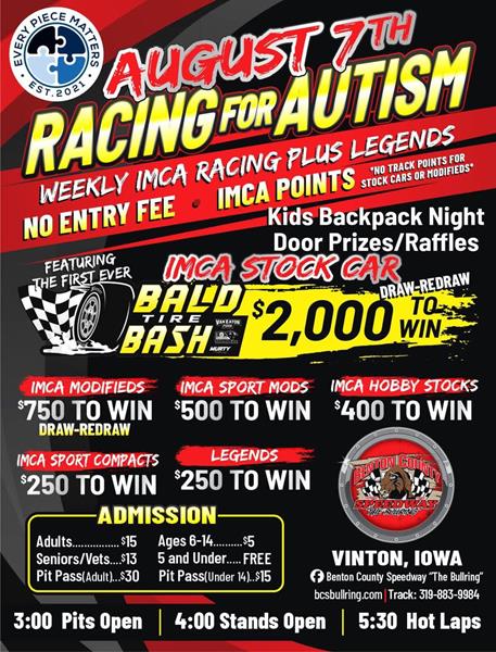 Bald Tire Bash, Racing for Autism, Kids’ Backpack Night headline busy night Aug. 7 at The Bullring