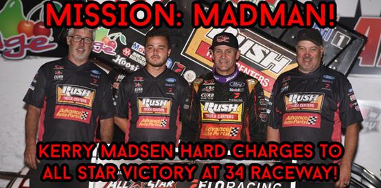 Kerry Madsen hard charges from tenth to score All Star victory at 34 Raceway