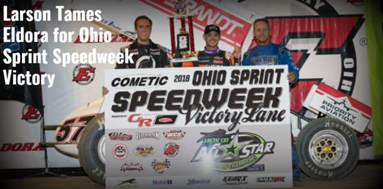 Kyle Larson holds back Carson Macedo and Dave Blaney for Cometic Gasket Ohio Sprint Speedweek presented by C&R Racing victory at The Big E