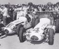 1964 Indianapolis Fairgrounds. Leader Card dirt cars.
#1 Rodger Ward and teammate #4 Don Branson