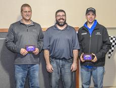 Sportsmen of the Year: Tyler Limoges in the Modified Class and Tony Rialson in the Sport Mod Class. Aaron Betz, Promoter in the center.