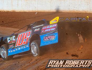 Eli Beets on his way to the $7,500 Iron-Man victory at Ponderosa Speedway on June 3, 2022.