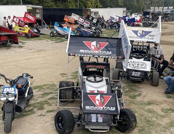 Harrison Robards and Brian Rieck in the pit area at Highland Speedway (Highland, IL) on September 16, 2023.