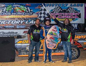 Gage Neal made history as winner of the first IMCA Sunoco Stock Car feature held in Florida on Monday, opening night of Clash on the Coast at Northwest Florida Speedway. (Photo by Byron Fichter)