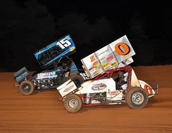 Sam and friend Christopher Bell in Outlaw action at Lernerville Jason Brown
