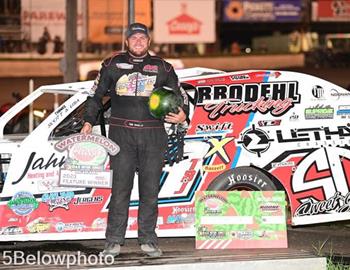 Tom Berry Jr. in Victory Lane after winning the Watermelon Classic at Boone Speedway (Boone, Iowa) on August 12, 2023. (15Below photo)
