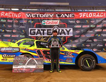 Cody Bauer in Victory Lane at the 2022 Castrol Gateway Dirt Nationals at The Dome at Americas Center (Josh James Artwork image)