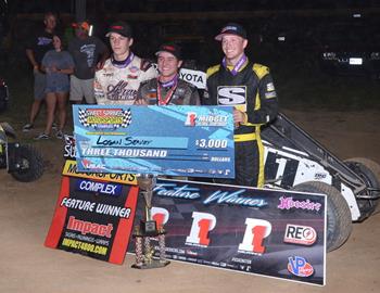 Top three in midget feature (l to r): Robinson #71 (3rd), Seavey #67 (1st) and Bodine #39BC (2nd)