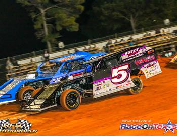 Jon Mitchell drives his No. 5 Modified in the 3rd annual Billy Melton Memorial at Ark-La-Tex Speedway (Vivian, LA) on October 7, 2023. (Chaz Brzeski | RFS Photography photo)