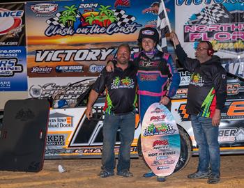 Bone Larson was captured the IMCA Modified opening night win of Clash on the Coast at Northwest Florida Speedway. (Photo by Byron Fichter)