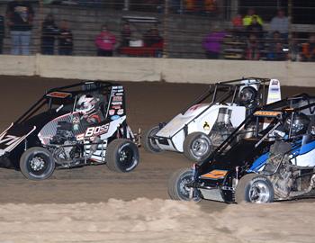 A. Schaeffer #71S, J. Newell #1 and N. Brookshier #27 in the stock non-wing three-wide shootout