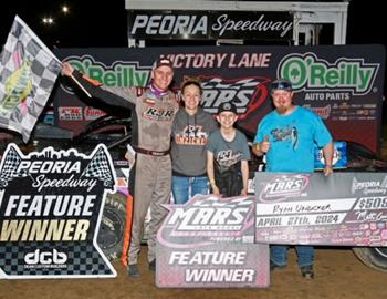 Ryan Unzicker celebrates in Victory Lane at the Midwest Auto Racing Series (MARS) Super Late Model feature at Peoria (Ill.) Speedway on April 27. (B.A. Racing Photo image)