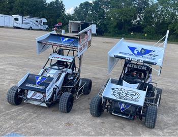 Harrison Robards (11H) and Brian Rieck (12) competing in 600cc Winged Outlaws at Doe Run Raceway (Doe Run, Missouri) on June 2, 2023.