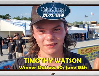 Watson Dominates Outlaws 50 Lapper, Collects 3rd Win of 2022 and $3K 
 
By Chuck Corder 
The Faith Chapel Outlaws saw seven different winners in all seven features last season. 
Timothy Watson isn’t letting history repeat itself in 2022. Watson, who had his first career Outlaws victory in May 2021, scored his third win Saturday at Five Flags Speedway in just the four Outlaws features this year.  
The 18-year-old Panama City hotshoe dominated the Outlaws 50-lap feature. He qualified on the p
