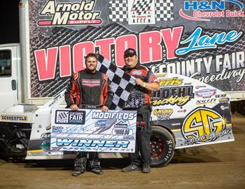 Tom Berry Jr. in Victory Lane after winning the Midwest Madness Tour A-Main at Clay County Fair Speedway (Spencer, Iowa) on June 26.