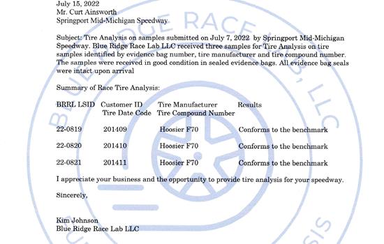 Tire testing results from 7/2/22