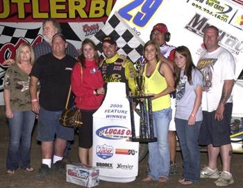 Travis Rilat and crew in Lucas Oil ASCS victory lane at the Jetmore Motorplex