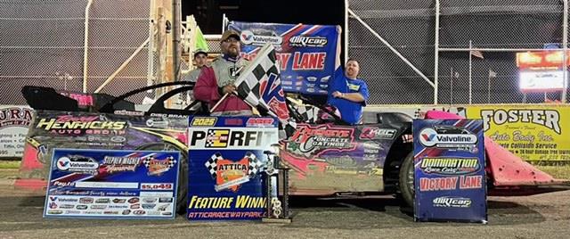 Rusty Schlenk scored the Valvoline American Late Model Iron-Man Series Fueled by VP Racing Stephen Wagner Memorial at Attica Raceway Park on May 2.