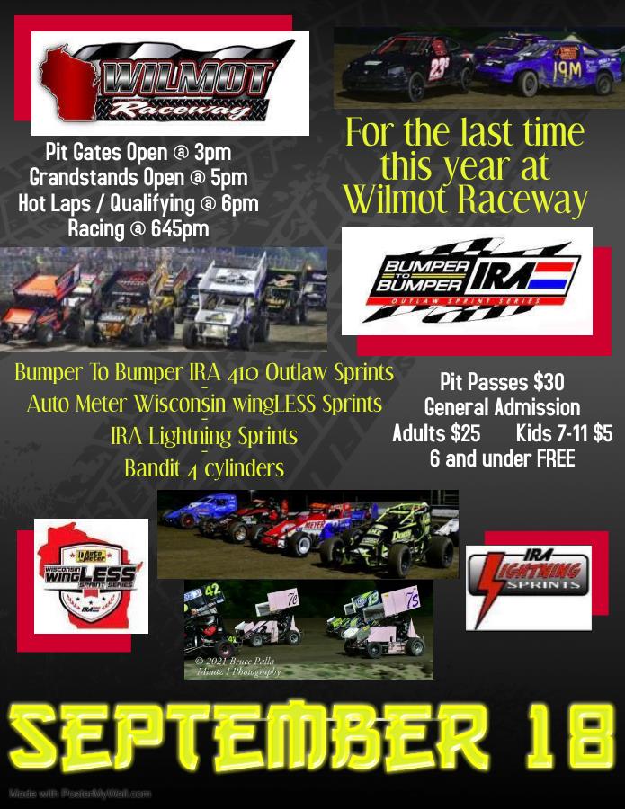 Bumper to Bumper IRA Outlaw Sprints will be at Wilmot on 9/18/21