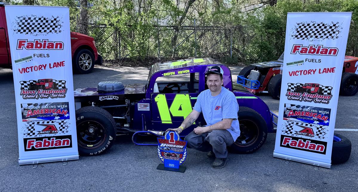 Andrew Harmon Parks it in Fabian/Mt Snow Fuel Victory lane sponsored by the Town of Dover, VT at Hudson Speedway!