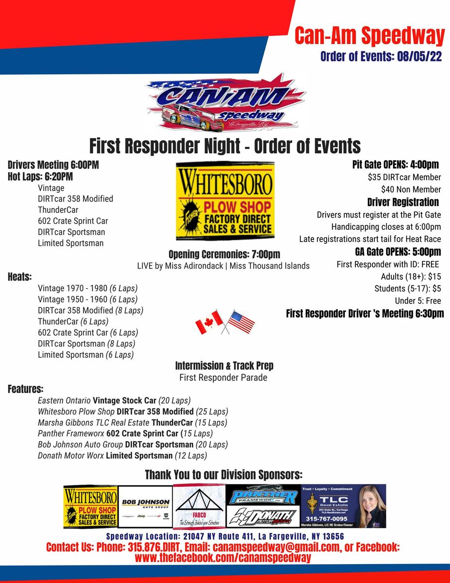 CAN-AM SPEEDWAY SAYS THANK YOU WITH FREE NIGHT OF RACING FOR FIRST RESPONDERS