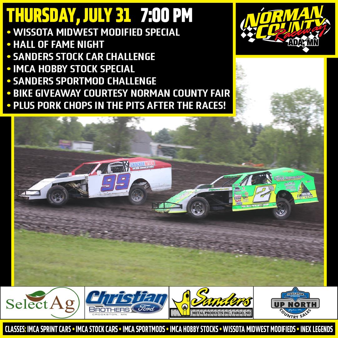 NEXT RACE: Thursday, July 31 – WISSOTA Midwest Modified Special • Hall of Fame Night • Sanders Stock Car Challenge • IMCA Hobby Stock Special • Sander