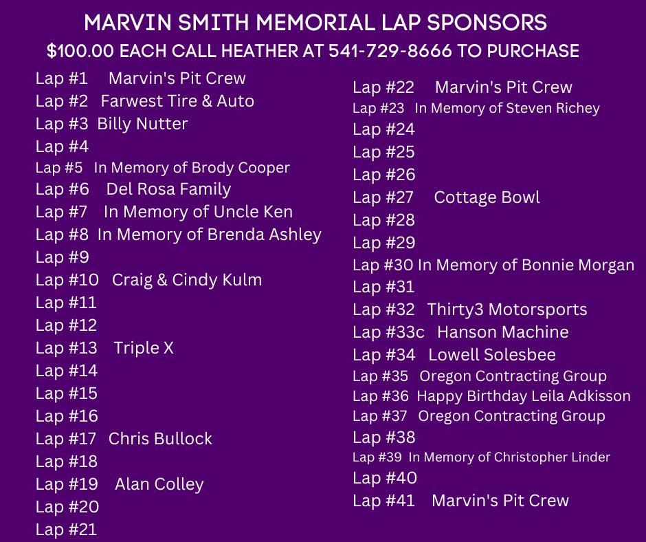 ONLY A FEW DAYS LEFT TO PURCHASE LAPS FOR THE MARVIN SMITH MEMORIAL!!