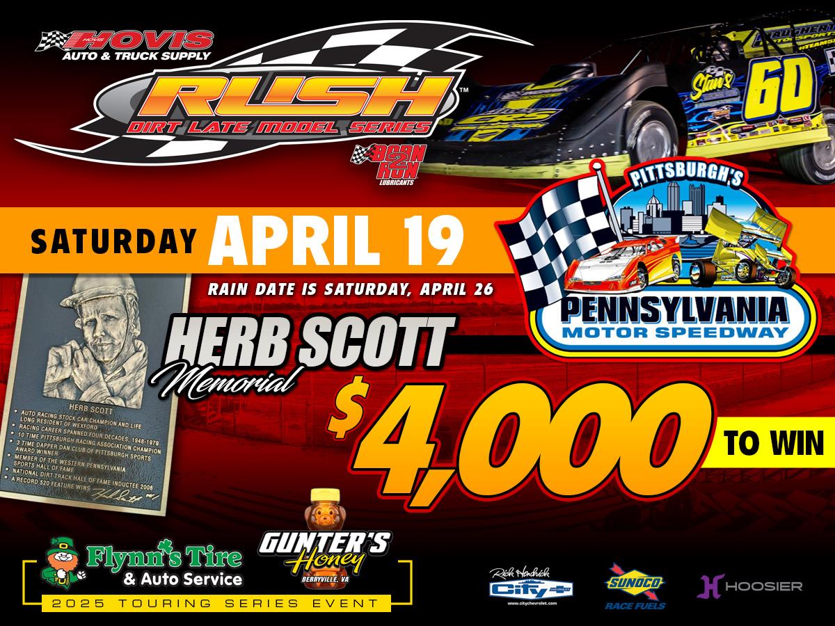 PITTSBURGH TO HOST 2025 HOVIS RUSH LATE MODEL FLYNN'S TIRE/GUNTER'S HONEY TOURING SERIES OPENER THIS SATURDAY