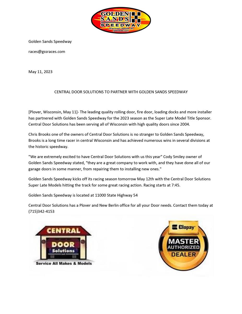 Central Door Solutions is the Super Late Model Title Sponsor for 2023