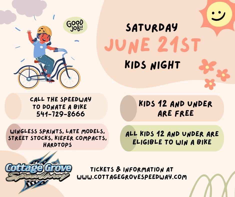 SATURDAY, JUNE 21ST IS KIDS NIGHT! BICYCLE DONATIONS ARE NOW BEING ACCEPTED!!