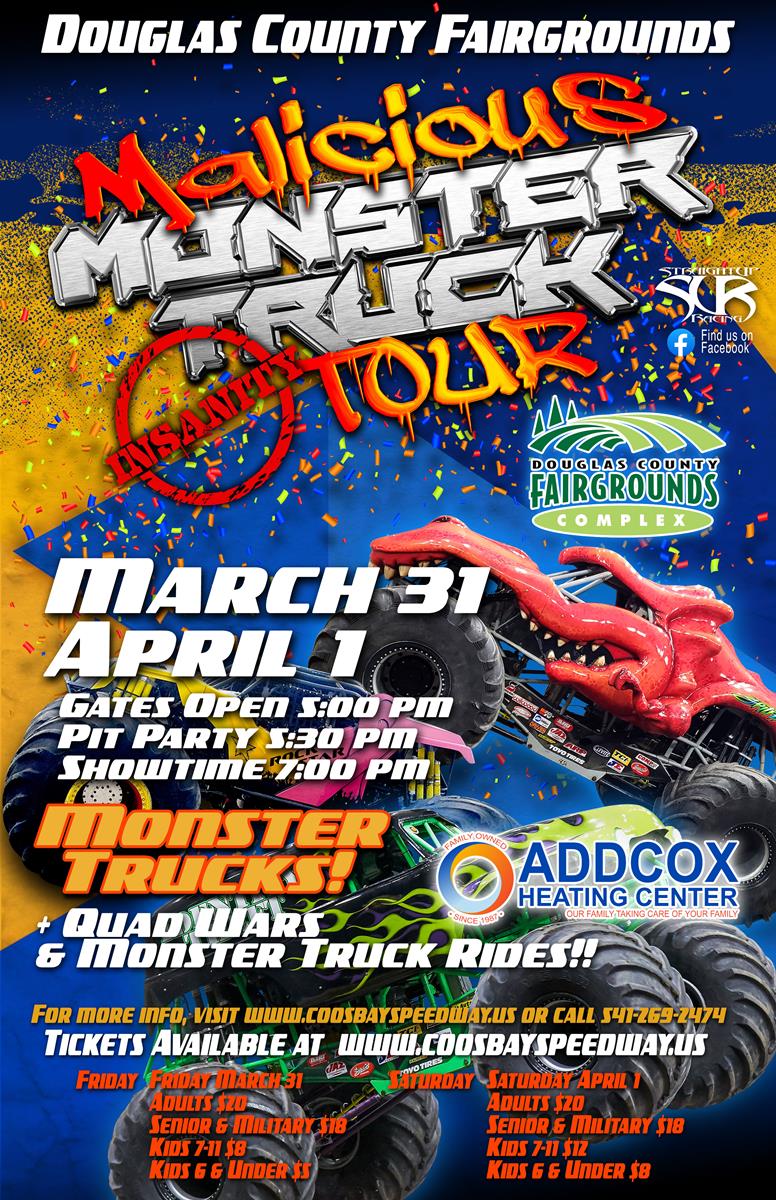 Addcox Heating Center Malicious Monster Trucks Douglas County Fairgrounds March 31 &amp; April 1