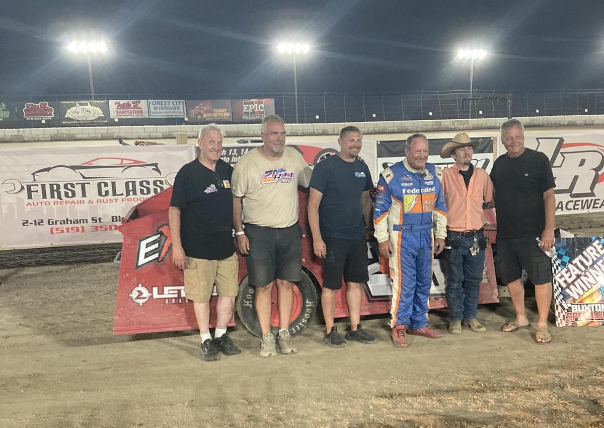 Ken Schrader in victory lane at Buxton Speedway (Merlin, ON) aboard the Greg Belyea entry.