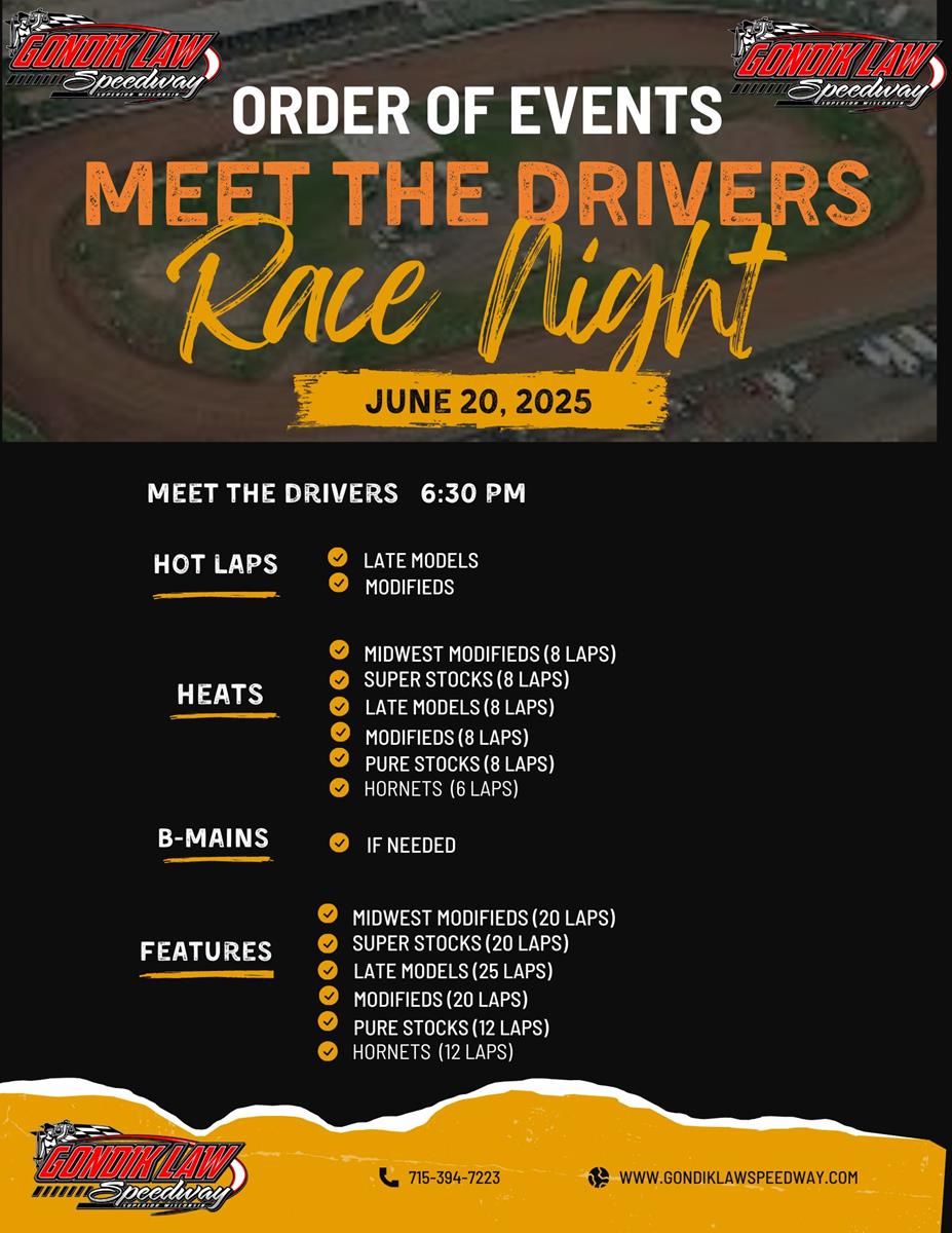 IT’S MEET THE DRIVERS NIGHT at Gondik Law Speedway!