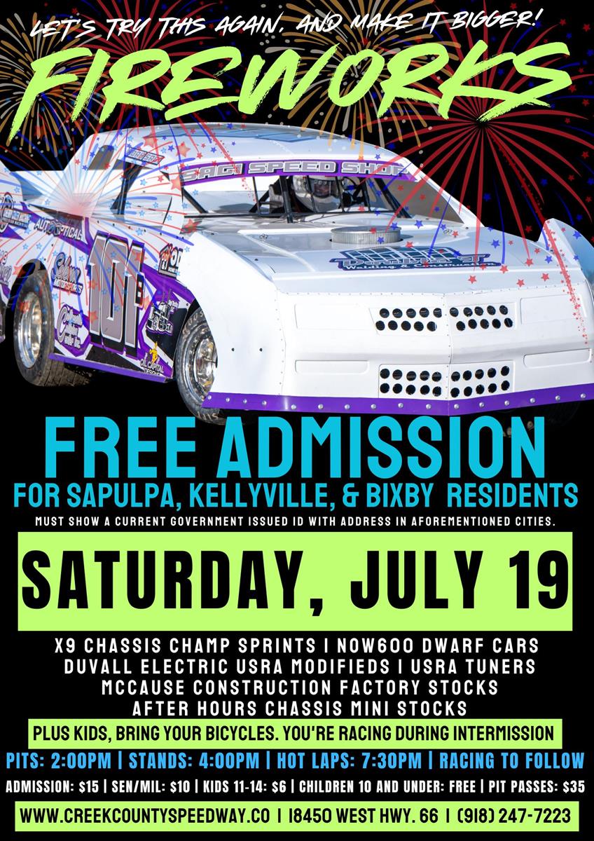 Fireworks Moves To Saturday, July 19 With Free Admission For Sapulpa, Kellyville, and Bixby Residents