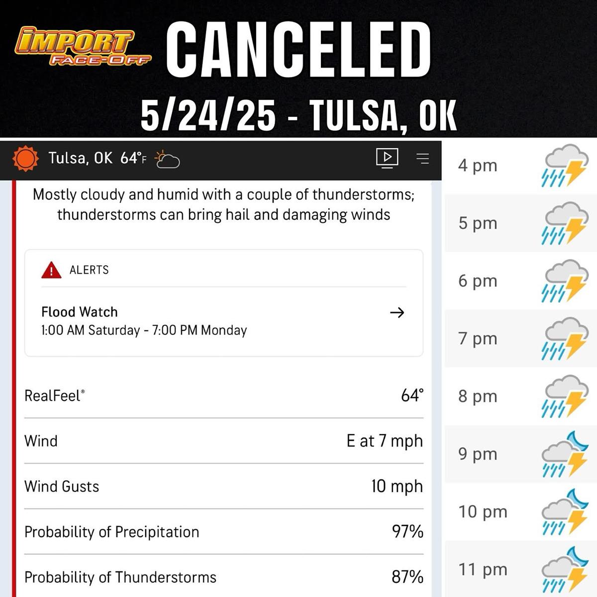 Import Face-Off Cancelled for this weekend